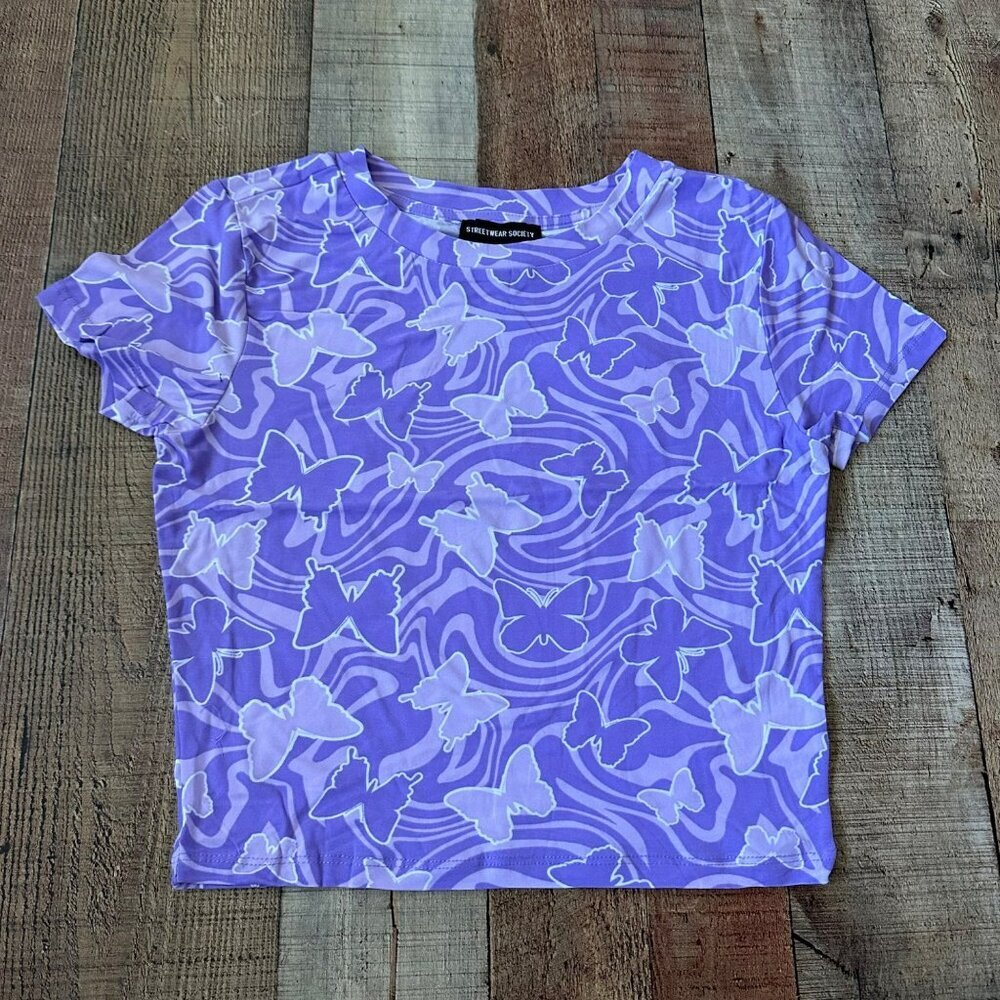 Purple Butterfly Print Womens T-Shirt By Streetwear Society L Size Spandex